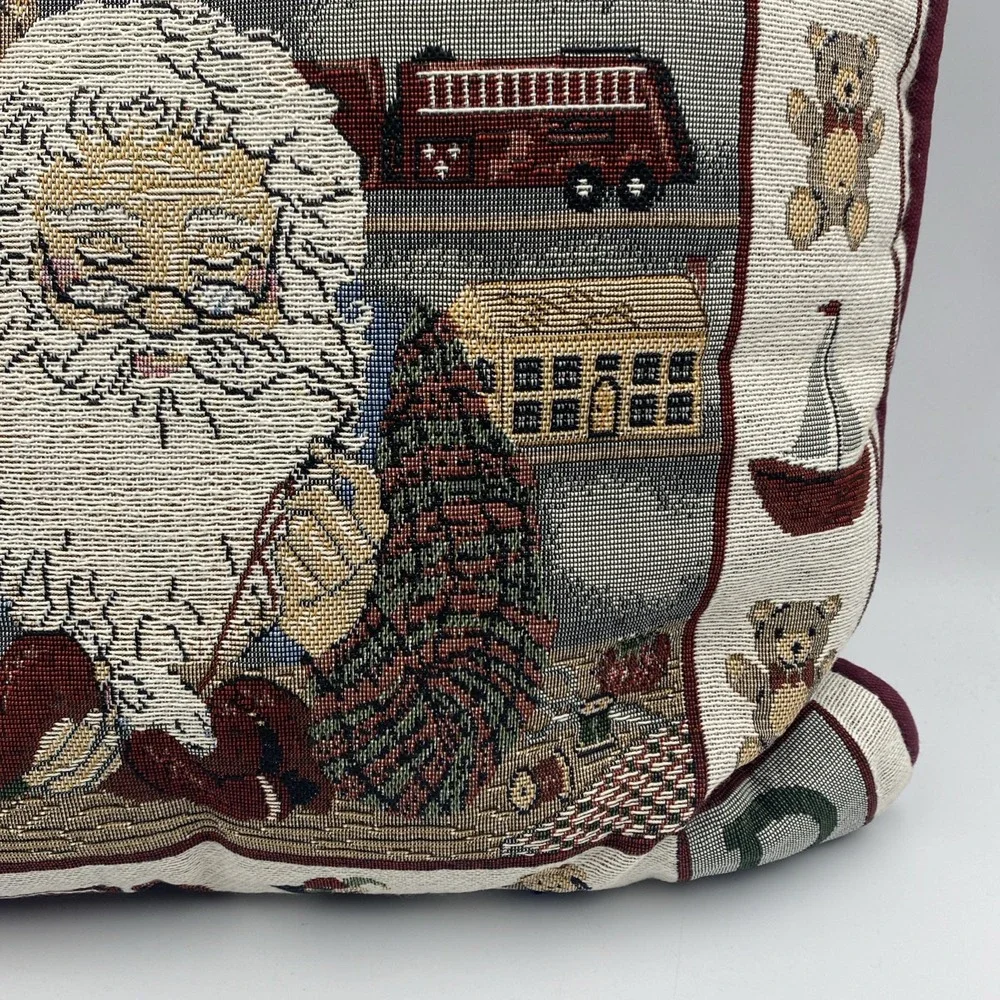 Christmas Tapestry Throw Pillow‎ Santa's Workshop Toys Blocks Bear Sewing 16x16